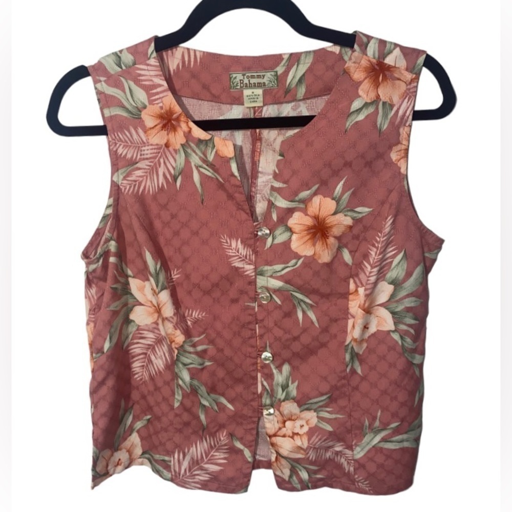 TOMMY BAHAMA Silk Pink Floral Hawaiian Bohemian Button Up Sleeveless Top